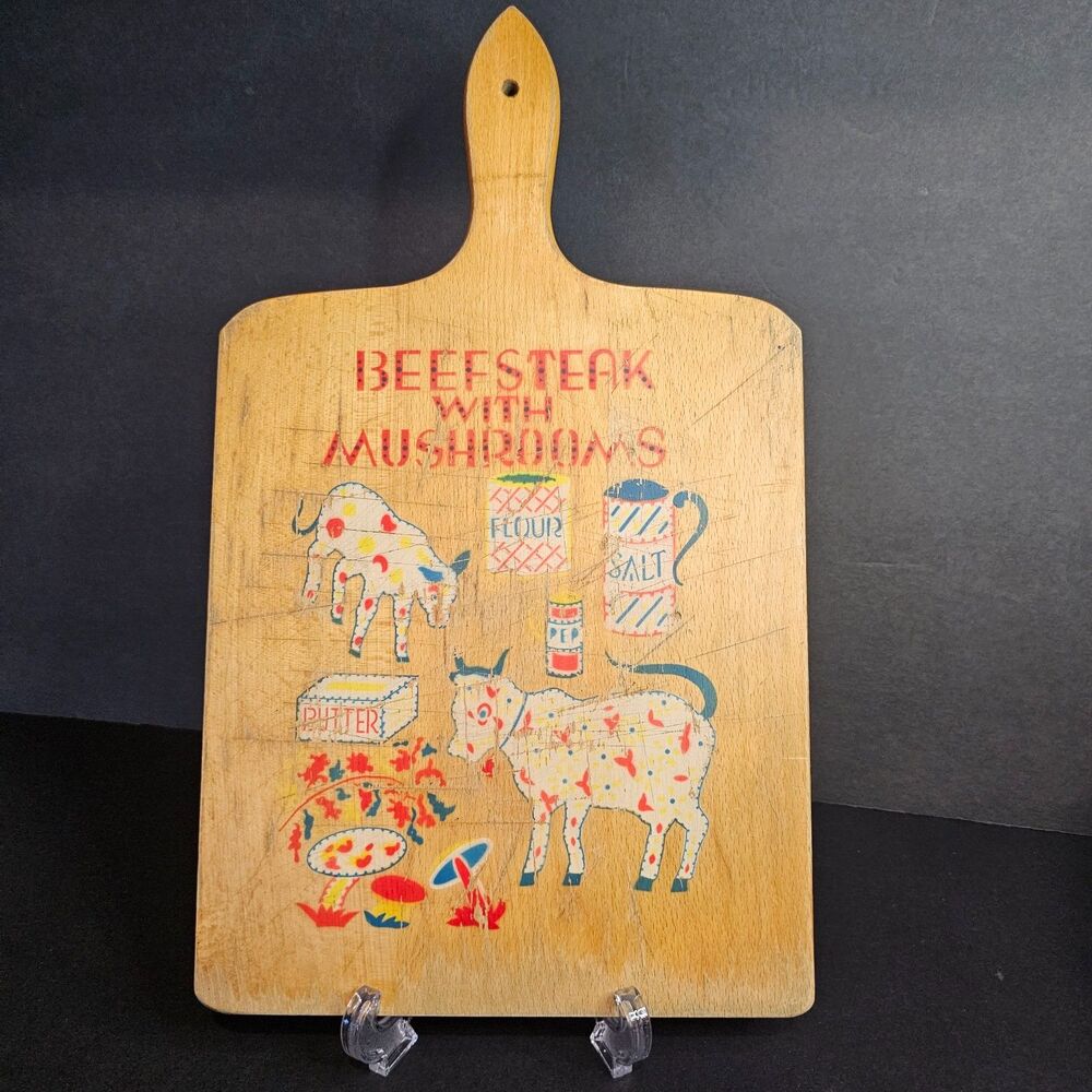 Nevco Mid-Century Cutting Board w Handle, Vtg 1960 Beefsteak w Mushrooms